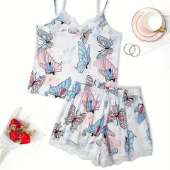 Butterfly Print Pajama Set V Neck Cami Top & Lace Trim Shorts