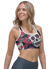 Halloween Sports Bra Women's Plus Floral & Skull Print Round Neck