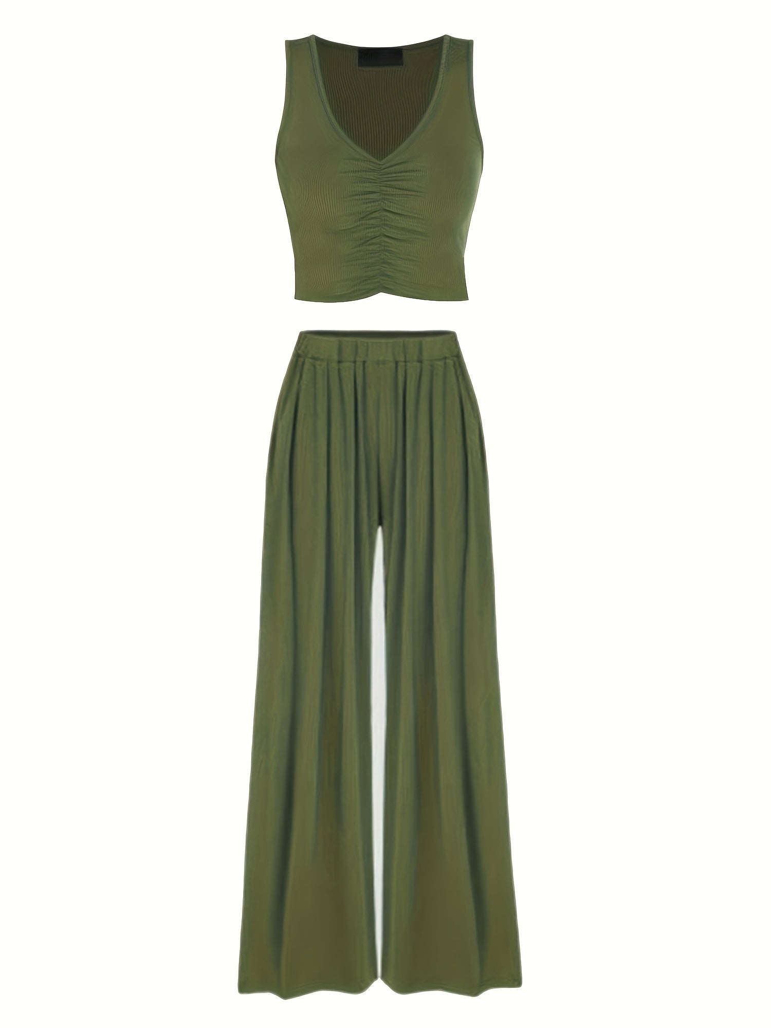 Solid Two Piece Set Sleeveless V Neck Tank Top & Wide Leg Pants