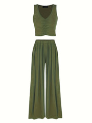 Solid Two Piece Set Sleeveless V Neck Tank Top & Wide Leg Pants