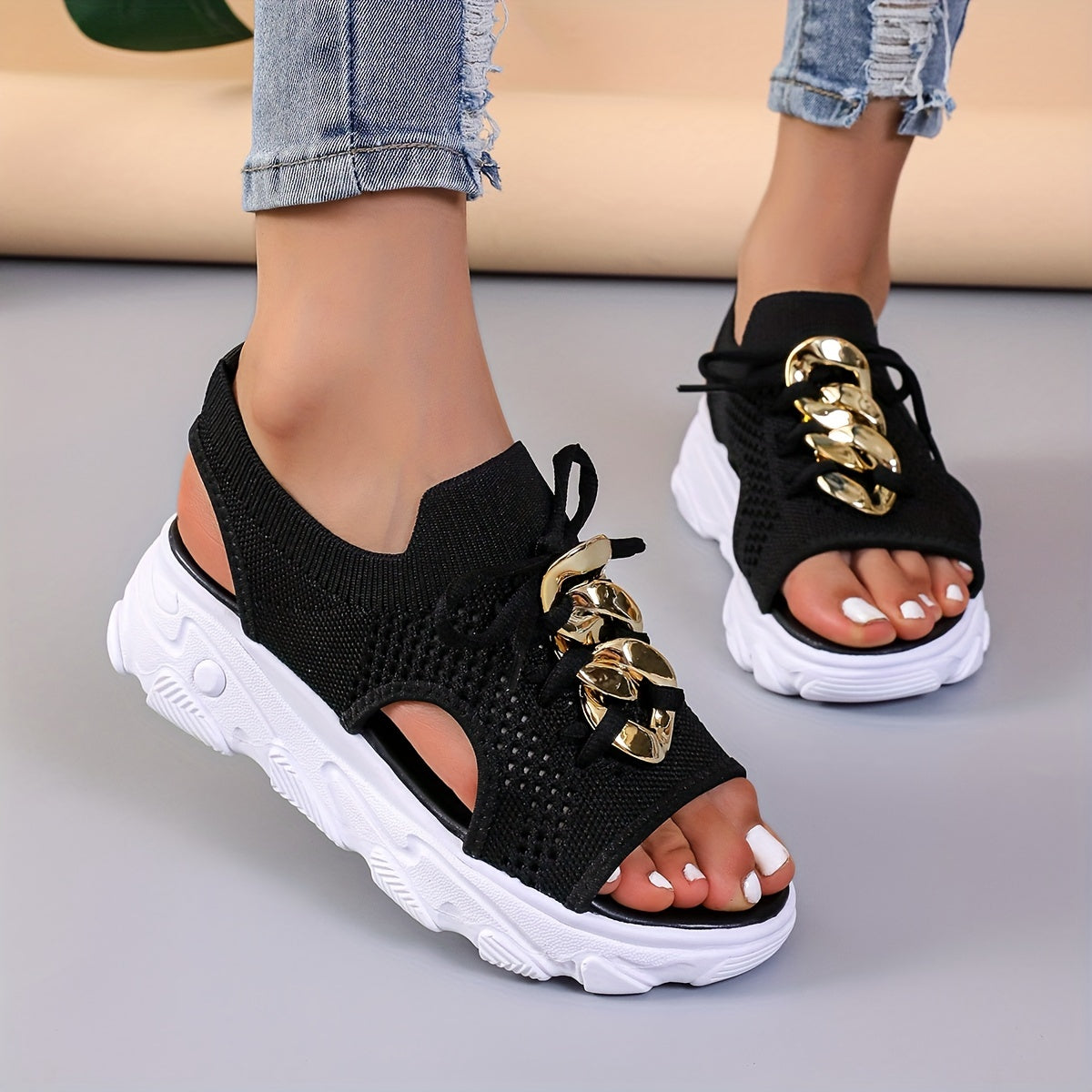 Mesh Breathable Sandals with Metal Buckle Decor