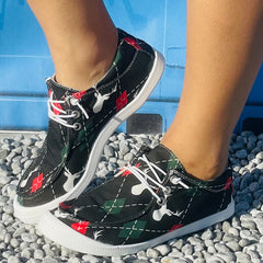 Christmas Deer Pattern Sneakers - Women's Flat Casual Shoe