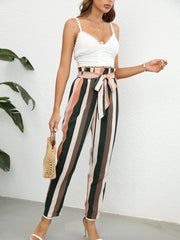 High Waist Belted Printed Casual Pants
