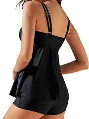 Ruched Solid Tankini Set with Boxer Briefs