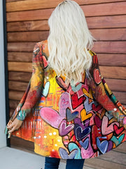 Heart Print Open Front Cardigan Casual Long Sleeve Cardigan