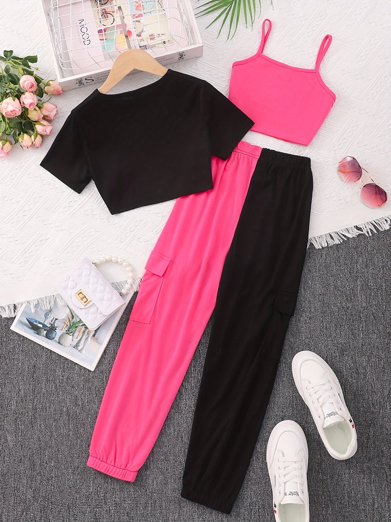 3pcs Kid Girls Clothes 'Baby' Letter Cover Up Tee Cami Crop Top Pants Set