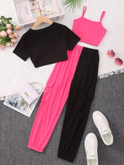 3pcs Kid Girls Clothes 'Baby' Letter Cover Up Tee Cami Crop Top Pants Set