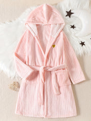 Kid's Heart Embroidery Flannel Bathrobe PJ Coral Fleece Loungewear