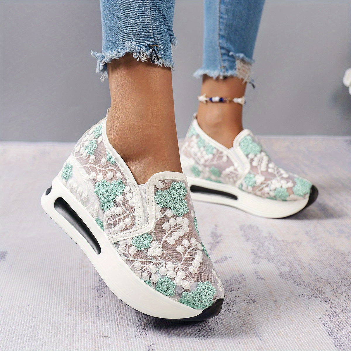 Floral Lace Platform Slip-On Shoes for Women