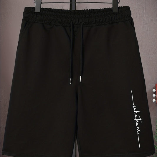 Letter Print Casual Mid Stretch Graphic Drawstring Shorts Men's Shorts