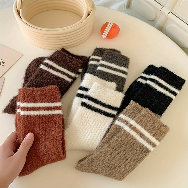 6 Pairs Striped Fuzzy Socks Comfy & Warm Women's Mid Tube Stockings