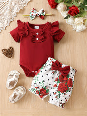 3pcs Baby Infant Girls Casual Onesie & Floral Shorts Set