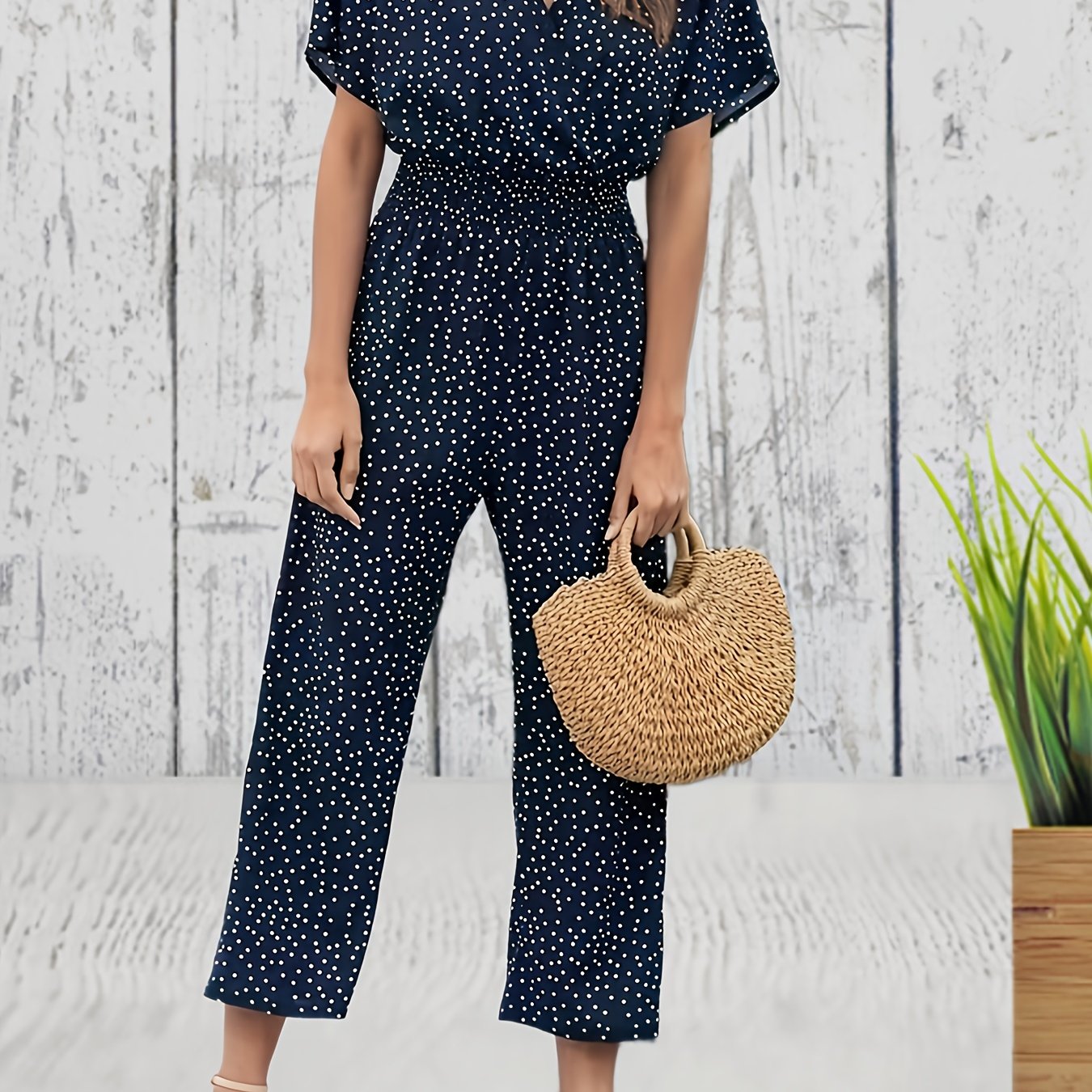 Pin Dot Print Cropped Jumpsuit Casual V Neck Short Sleeve Wide Leg Jumpsuit