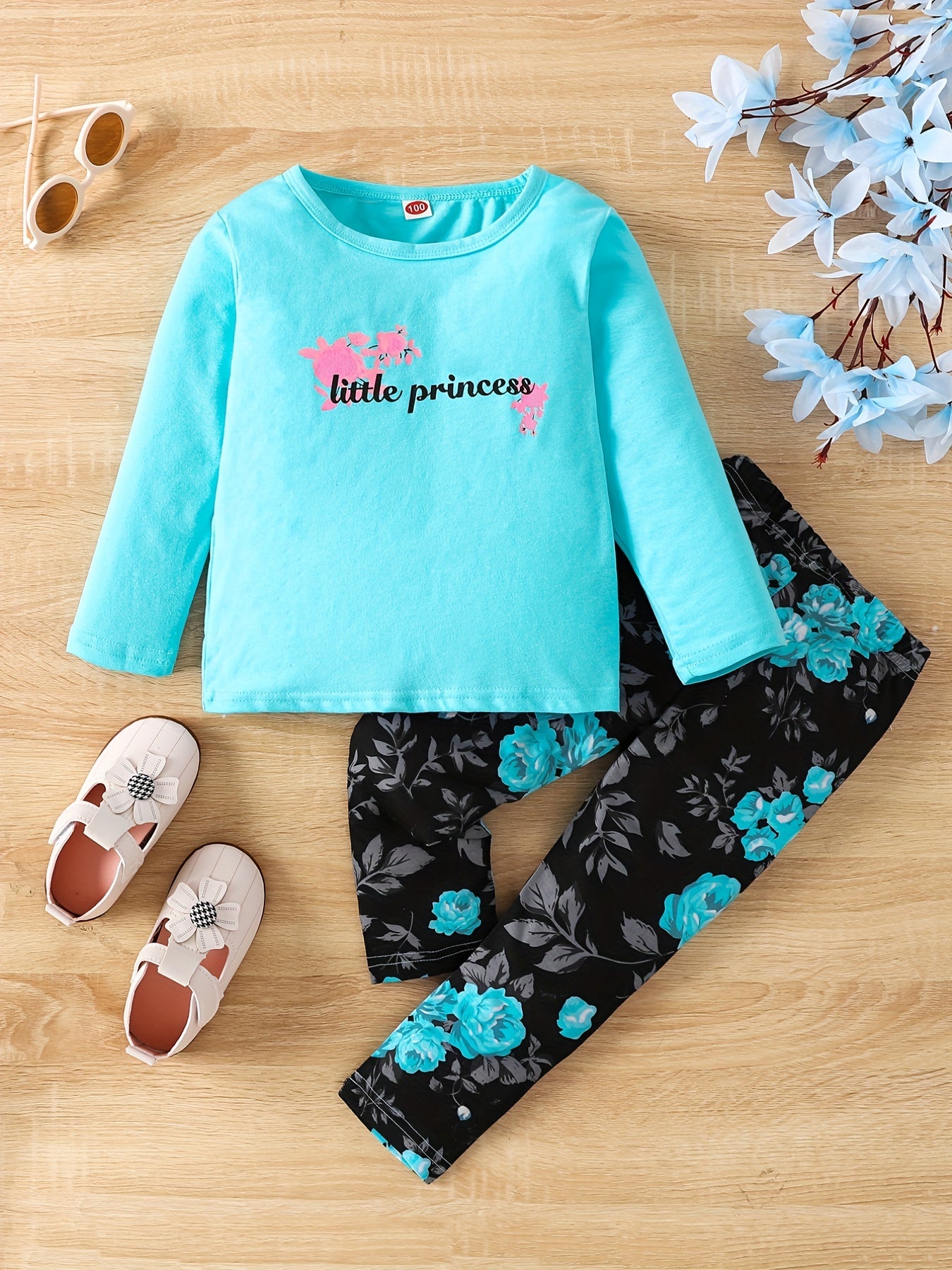 Floral Pattern 2pcs Set Long Sleeve Top & Leggings LITTLE PRINCESS Print