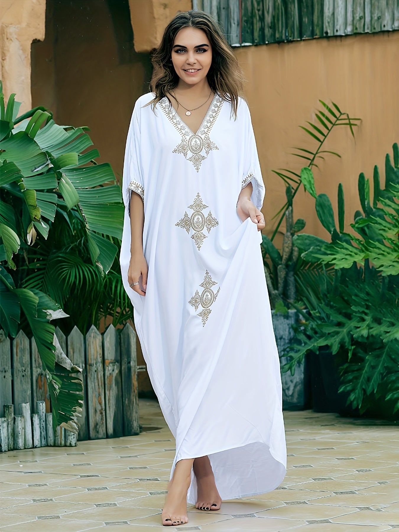 Boho Kaftan Dress Women's Plus Embroidered Maxi Beachwear Kaftan Dress