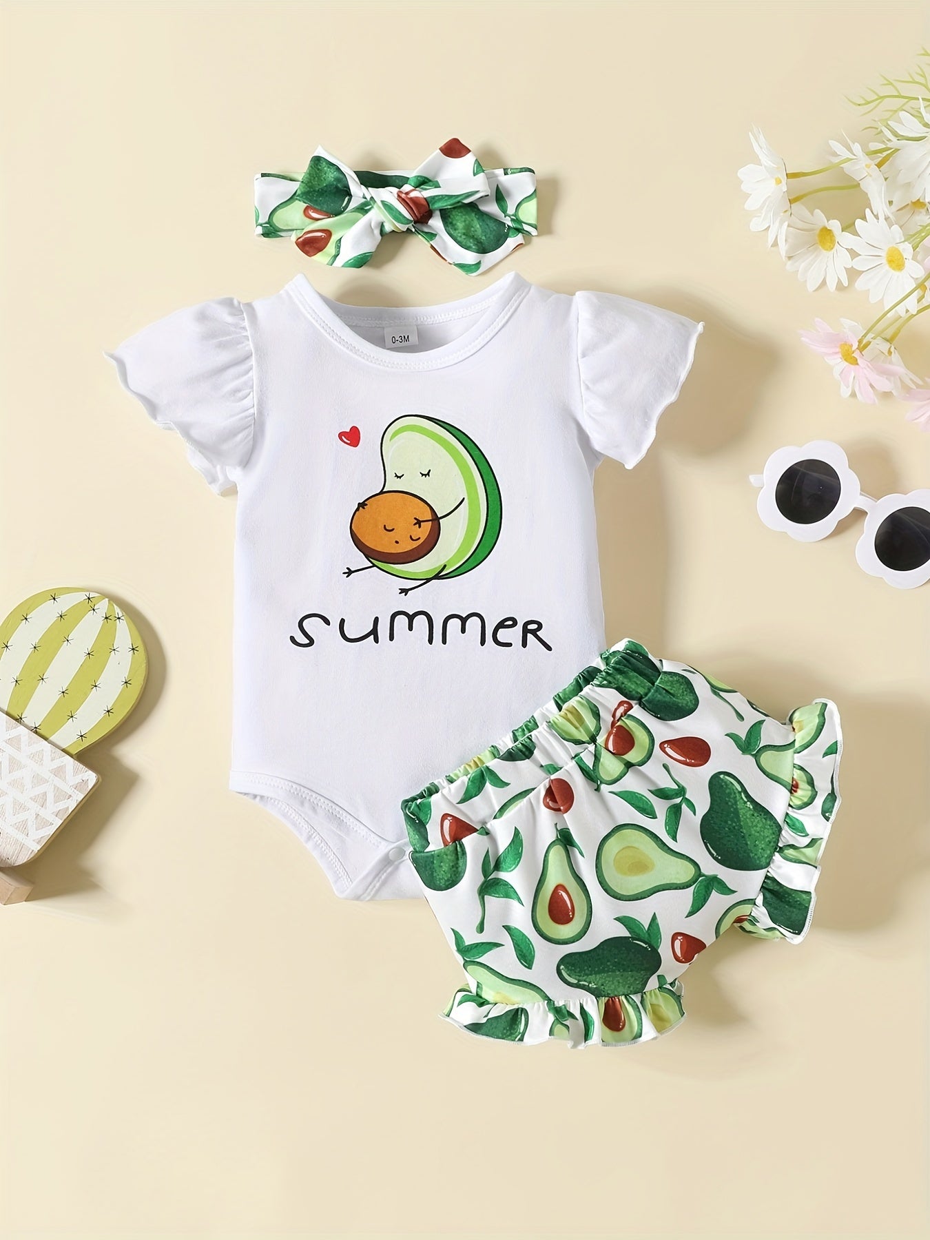 3pc Baby Girls Lemon Print Onesie & Shorts & Headband Set