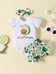 3pc Baby Girls Lemon Print Onesie & Shorts & Headband Set