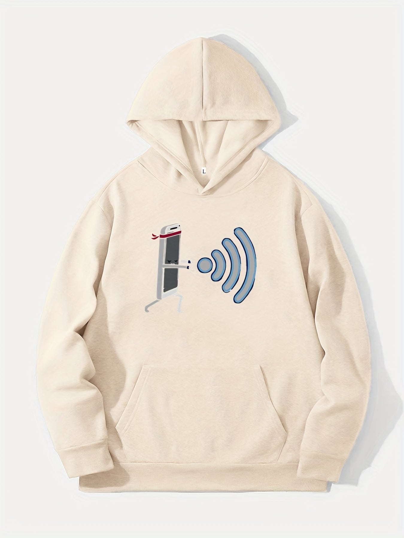Comic Phone & WiFi Signal Print Hoodie Men's Graphic Pullover Hoodie