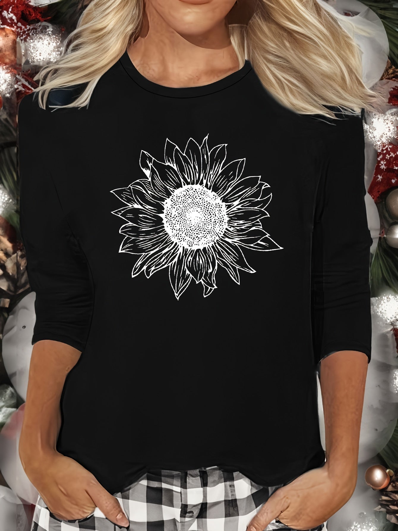 Sunflower Print Long Sleeve Lounge Top Women's Loungewear