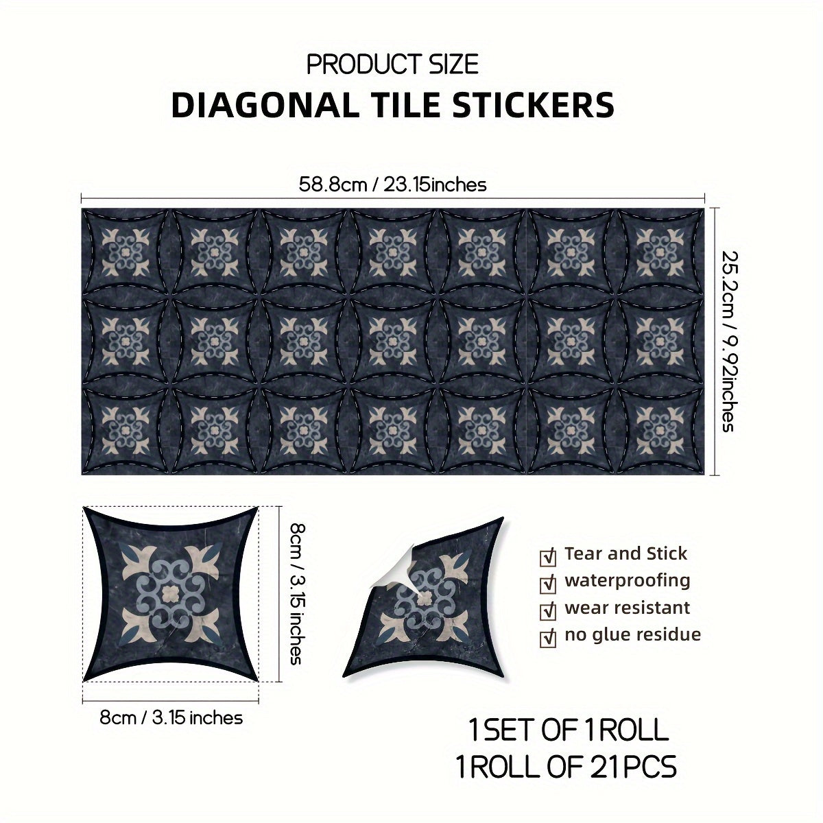 21 Moroccan Printed Ceramic Tiles Self Adhesive Waterproof Home Decor