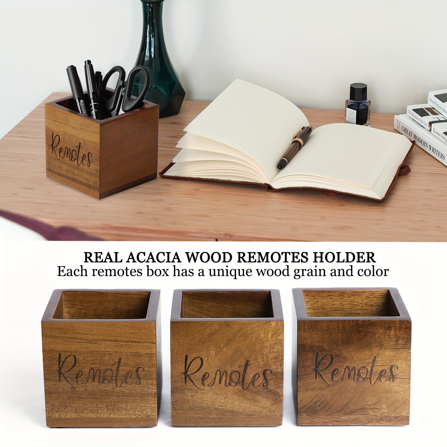 Wooden Remote Control Stationery Storage Box for Household Organization