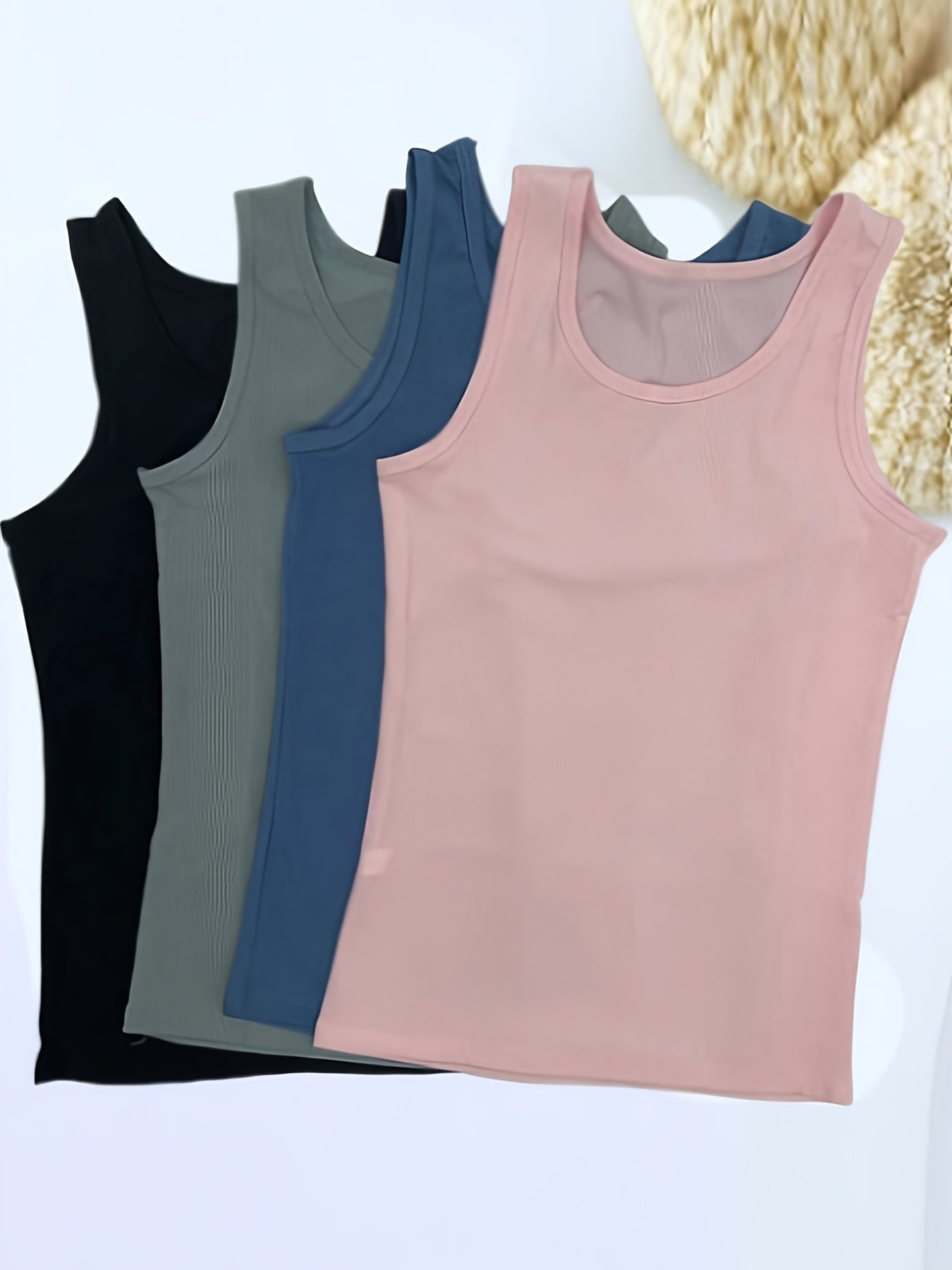 4pcs Ribbed Tank Tops Crew Neck Women's Lingerie