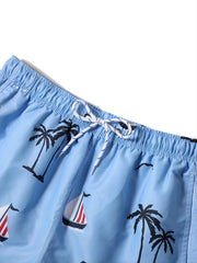 Men's Casual Cerulean Sports Shorts with Tropical Print for Holiday Party