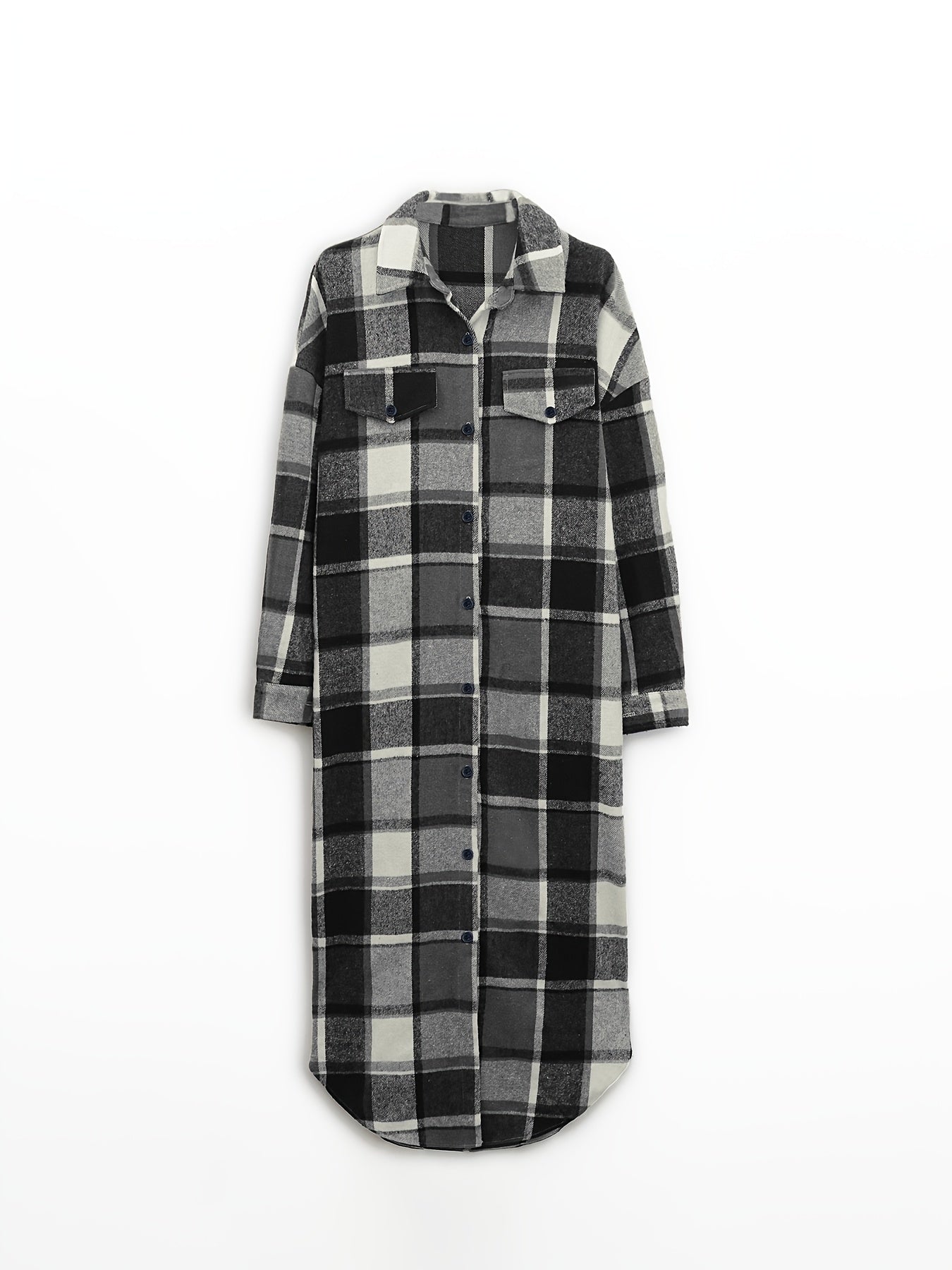 Plaid Print Long Length Shacket Jacket Casual Long Sleeve Collared
