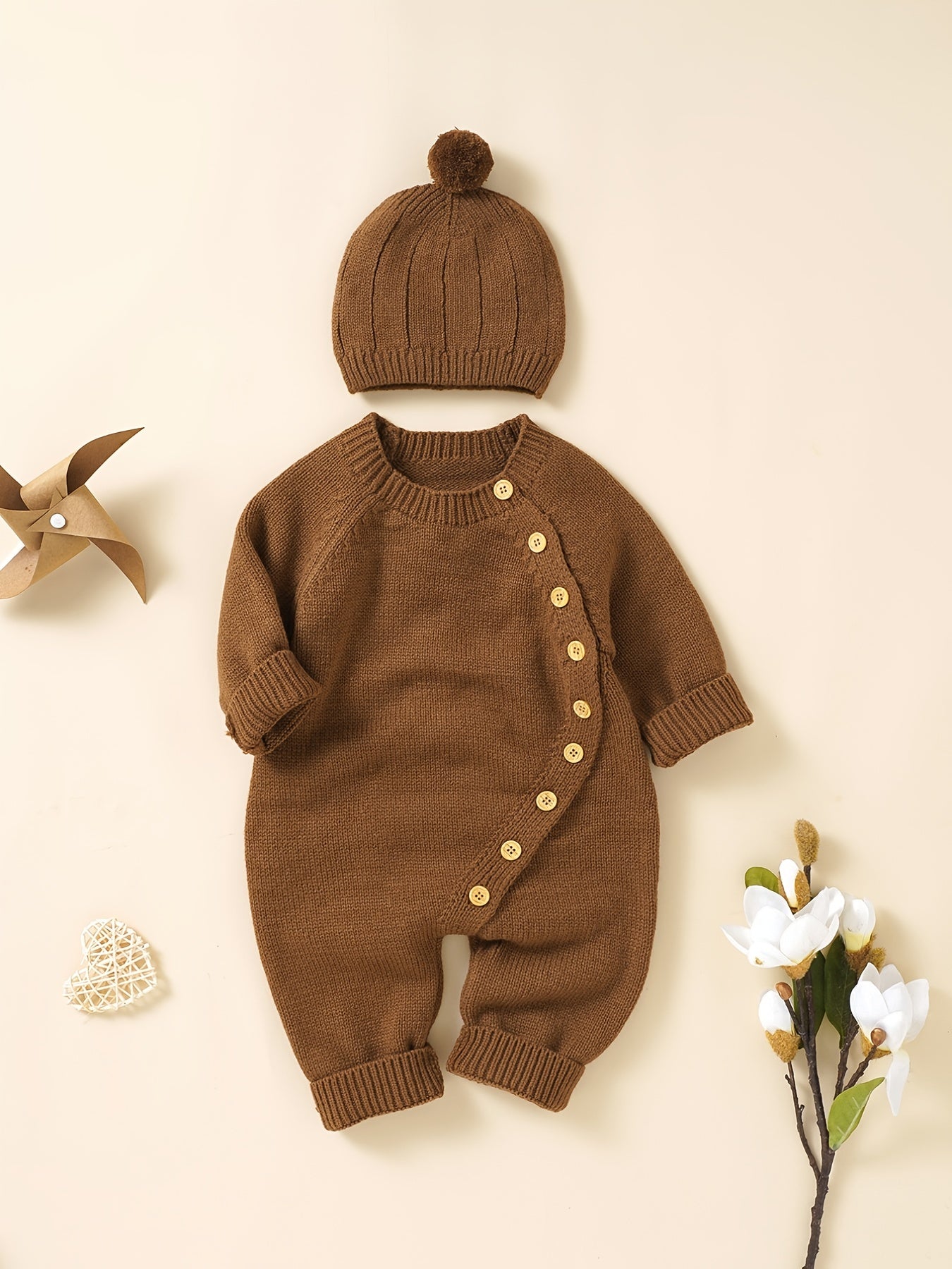 Personalized Knit Baby Onesie Diagonal Buttons & Hat
