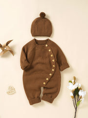 Personalized Knit Baby Onesie Diagonal Buttons & Hat