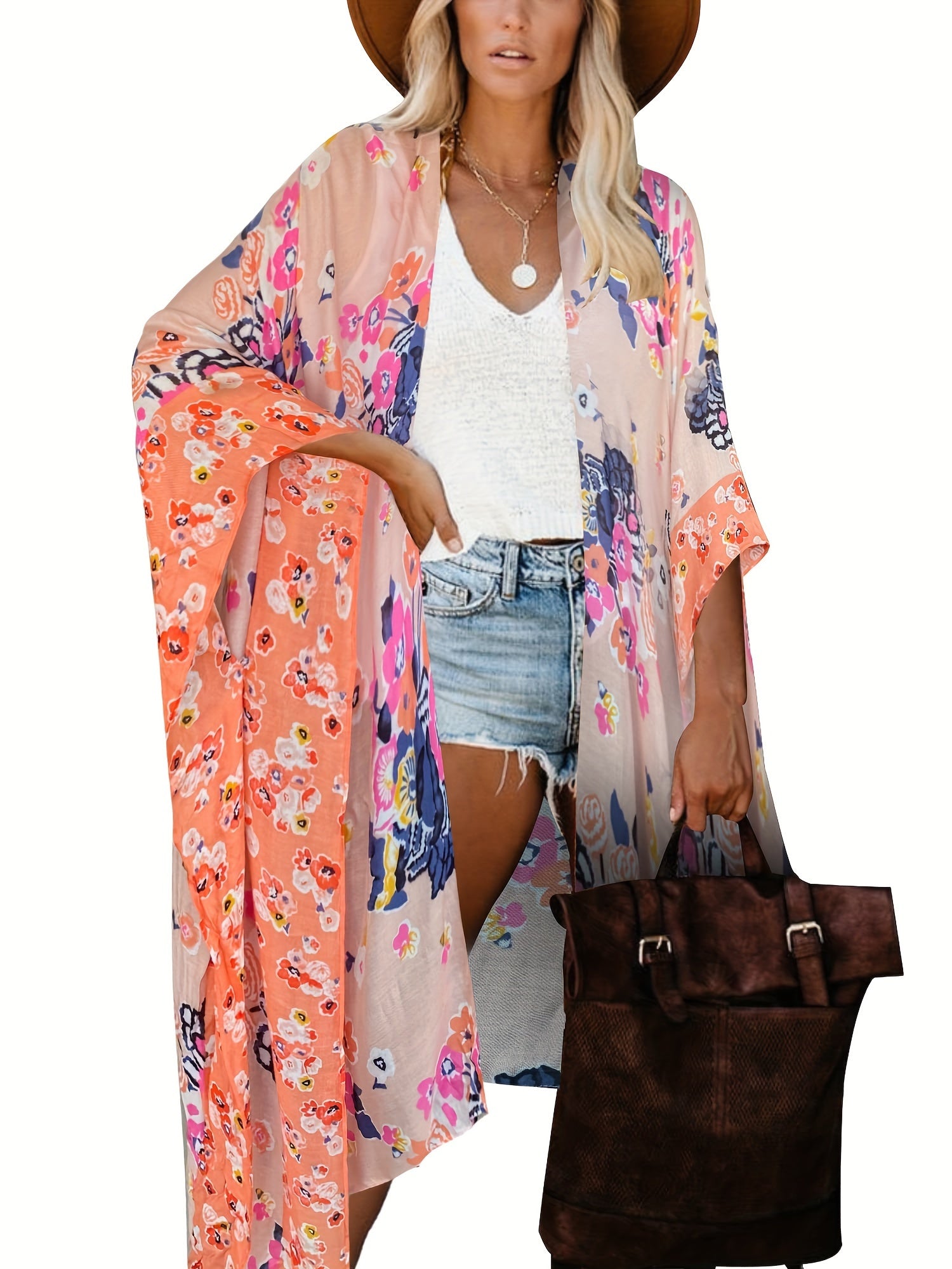 Floral Print Batwing Sleeve Plus Size Beach Kimono Cover Up