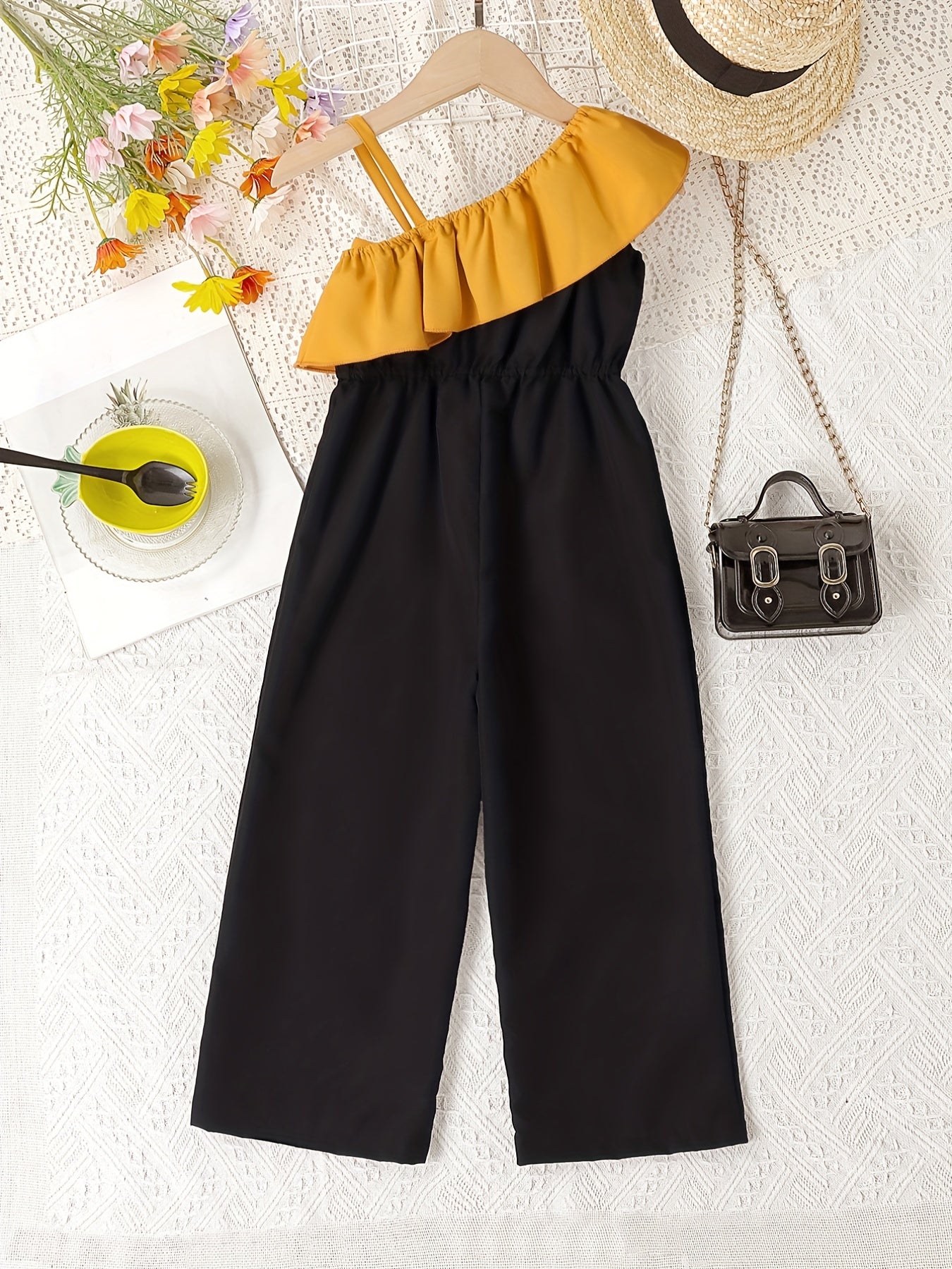 Girls Colorblock Bow Front Ruffle Trim Jumpsuit Romper