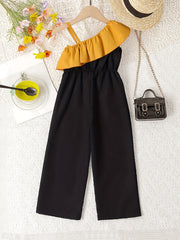 Girls Colorblock Bow Front Ruffle Trim Jumpsuit Romper