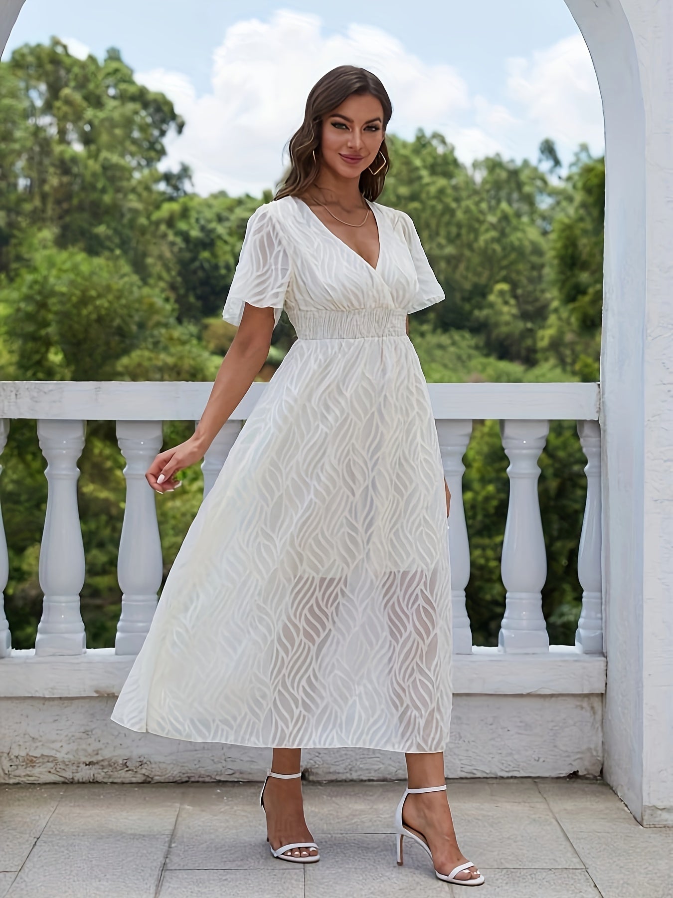 V Neck Midi Dress Flutter Sleeve Casual Party Dress