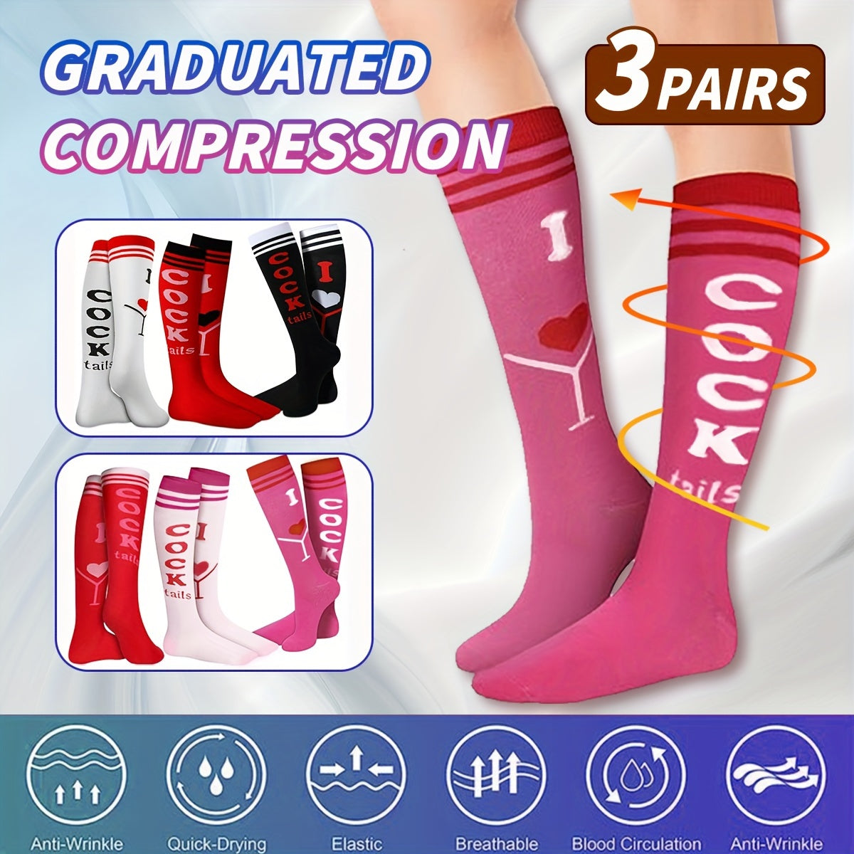 3 Pairs Men's Compression Letter Pattern Graphic Crew Socks