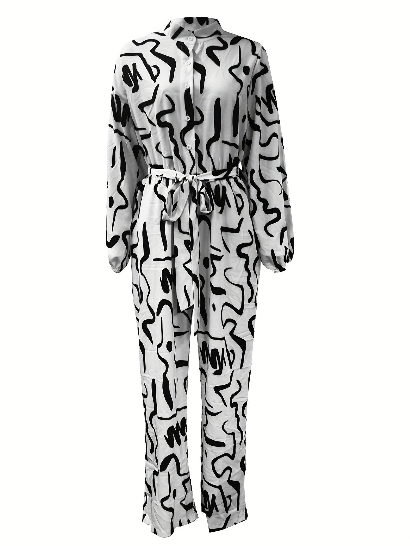 Graffiti Print Long Sleeve Neck Button Jumpsuit