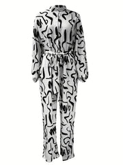 Graffiti Print Long Sleeve Neck Button Jumpsuit