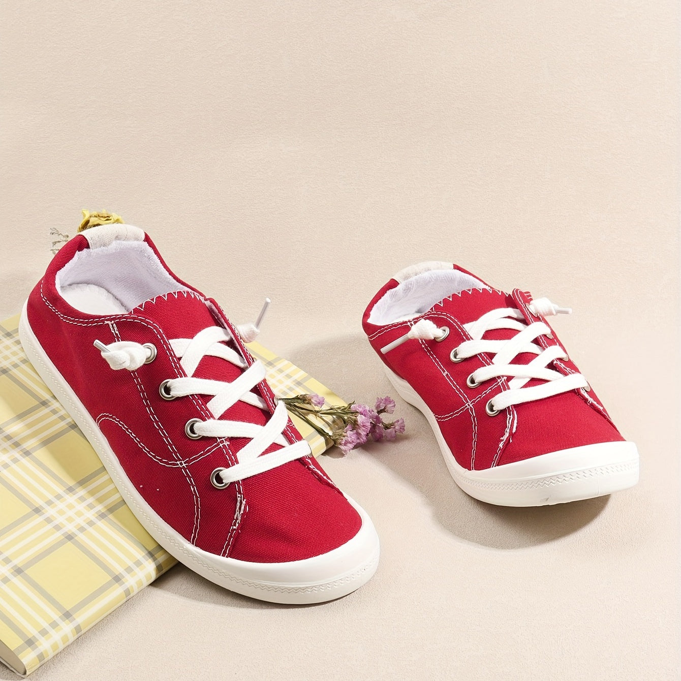 Women's Red Canvas Casual Lace Up Outdoor Shoes
