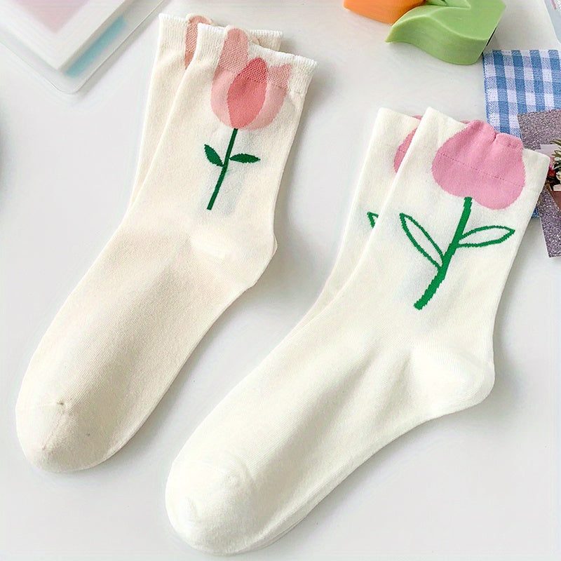6 Pairs Floral Print Mid Tube Socks Women's Stockings