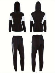 2pcs Block Causal Sports Set Hooded Jacket & Pants Women's Activewear