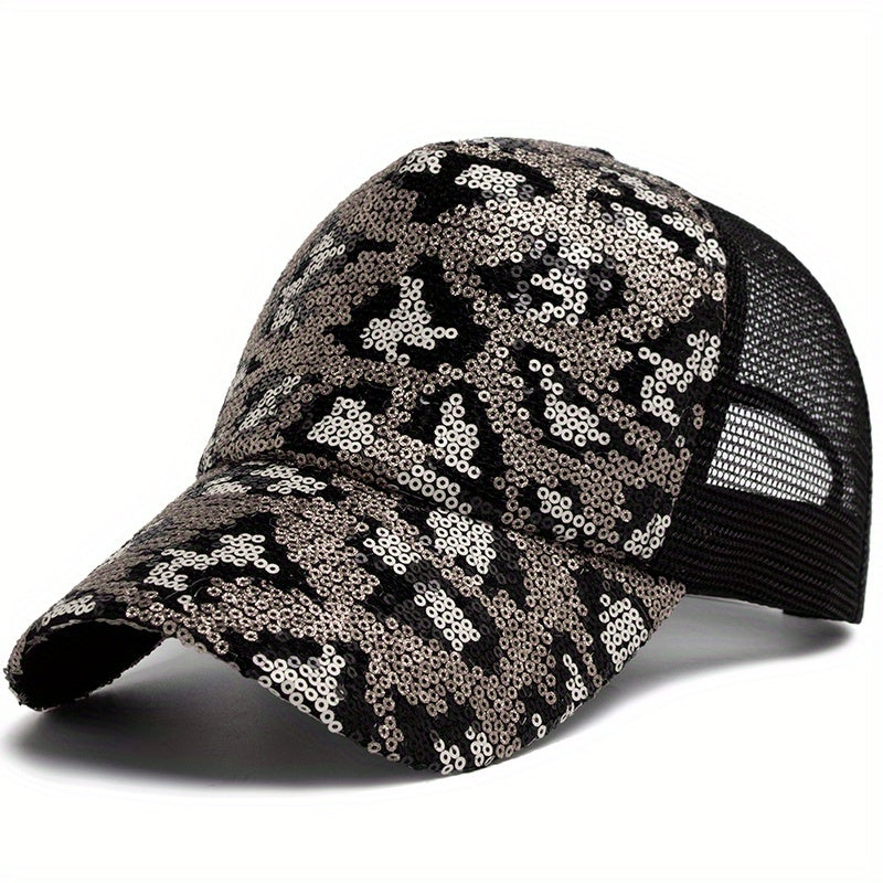 Sequins Leopard Trucker Hat Hip Hop Baseball Cap Mesh Adjustable Dad Hats