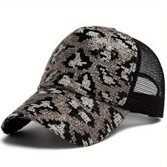 Sequins Leopard Trucker Hat Hip Hop Baseball Cap Mesh Adjustable Dad Hats