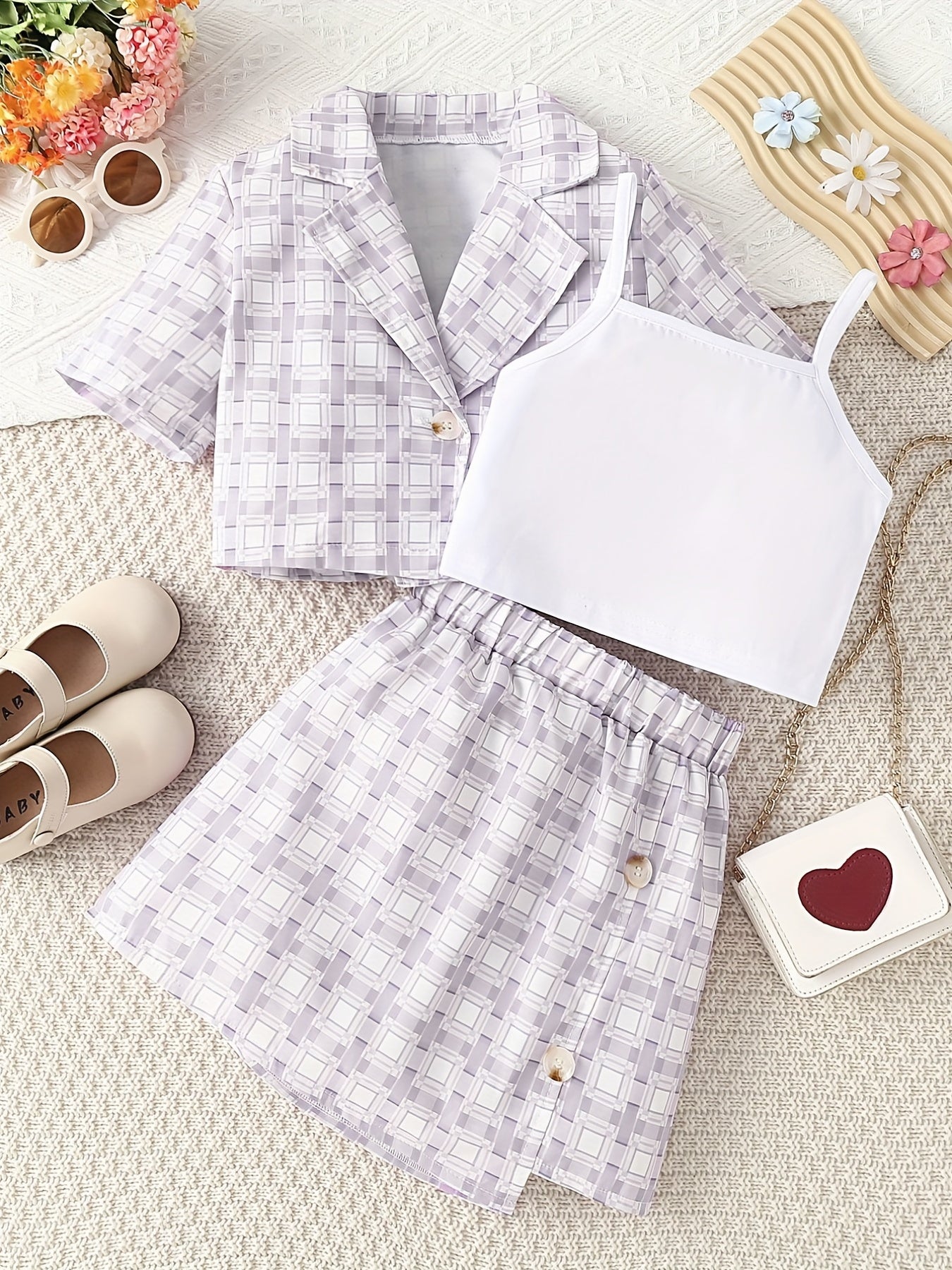 3pcs Girls Plaid Blazer Top Skirt Set for Vacation Casual Daily Kids Summer