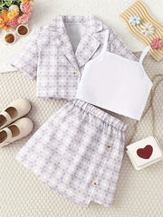 3pcs Girls Plaid Blazer Top Skirt Set for Vacation Casual Daily Kids Summer