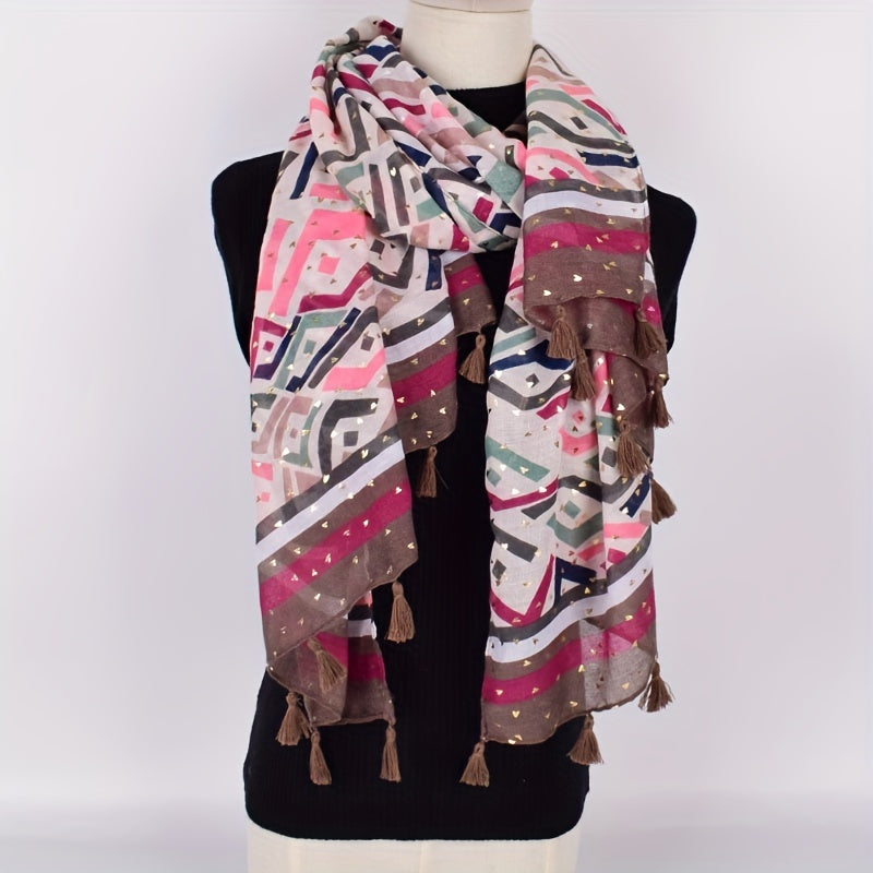 Boho Geometric Print Tassel Scarf - Vintage Style Shawl