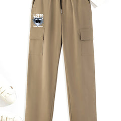 Letters Print Cargo Pants Men s Straight Leg Drawstring Cargo Pants