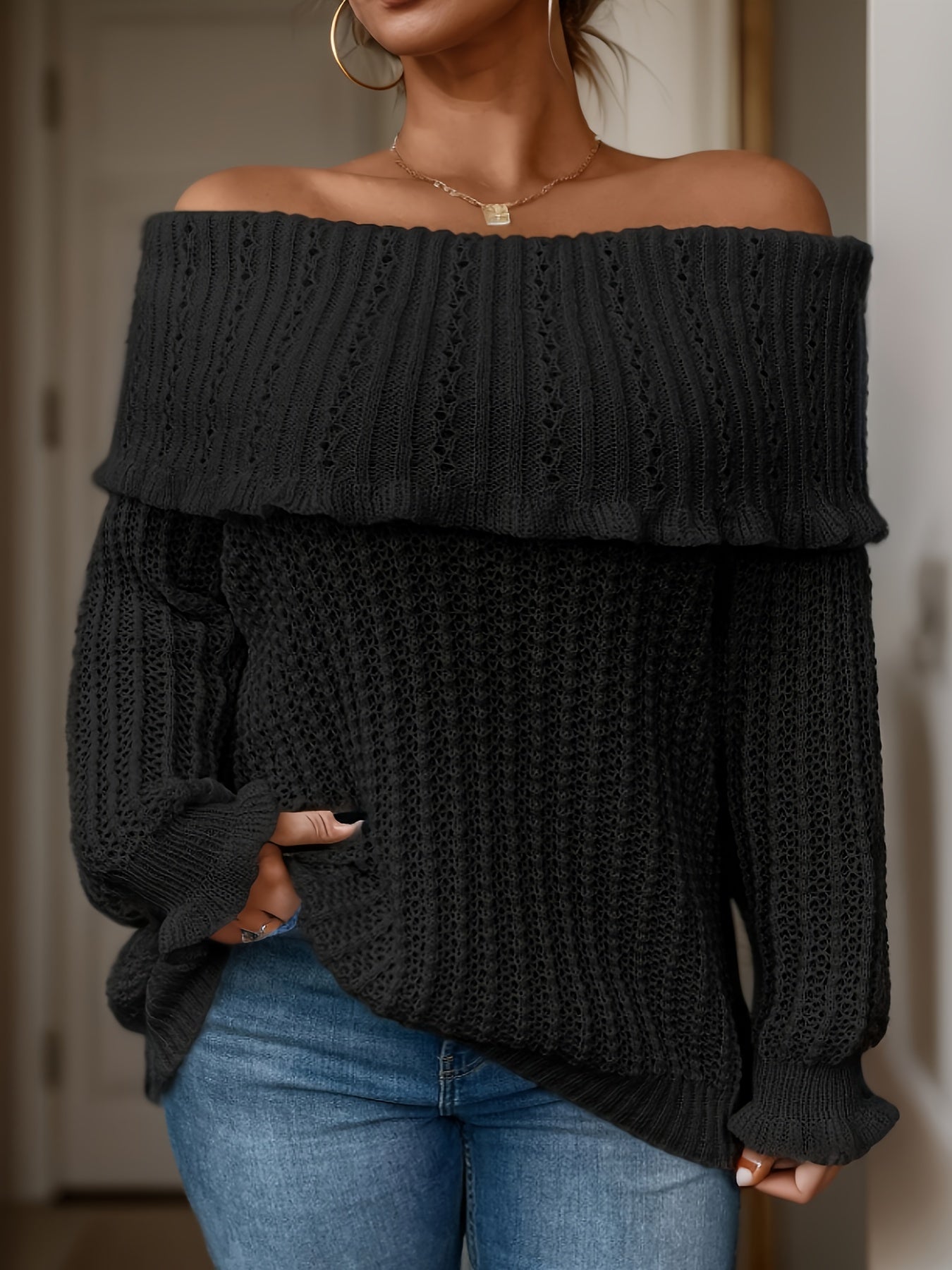 Casual Sweater Women's Solid Off Shoulder Layered Jum