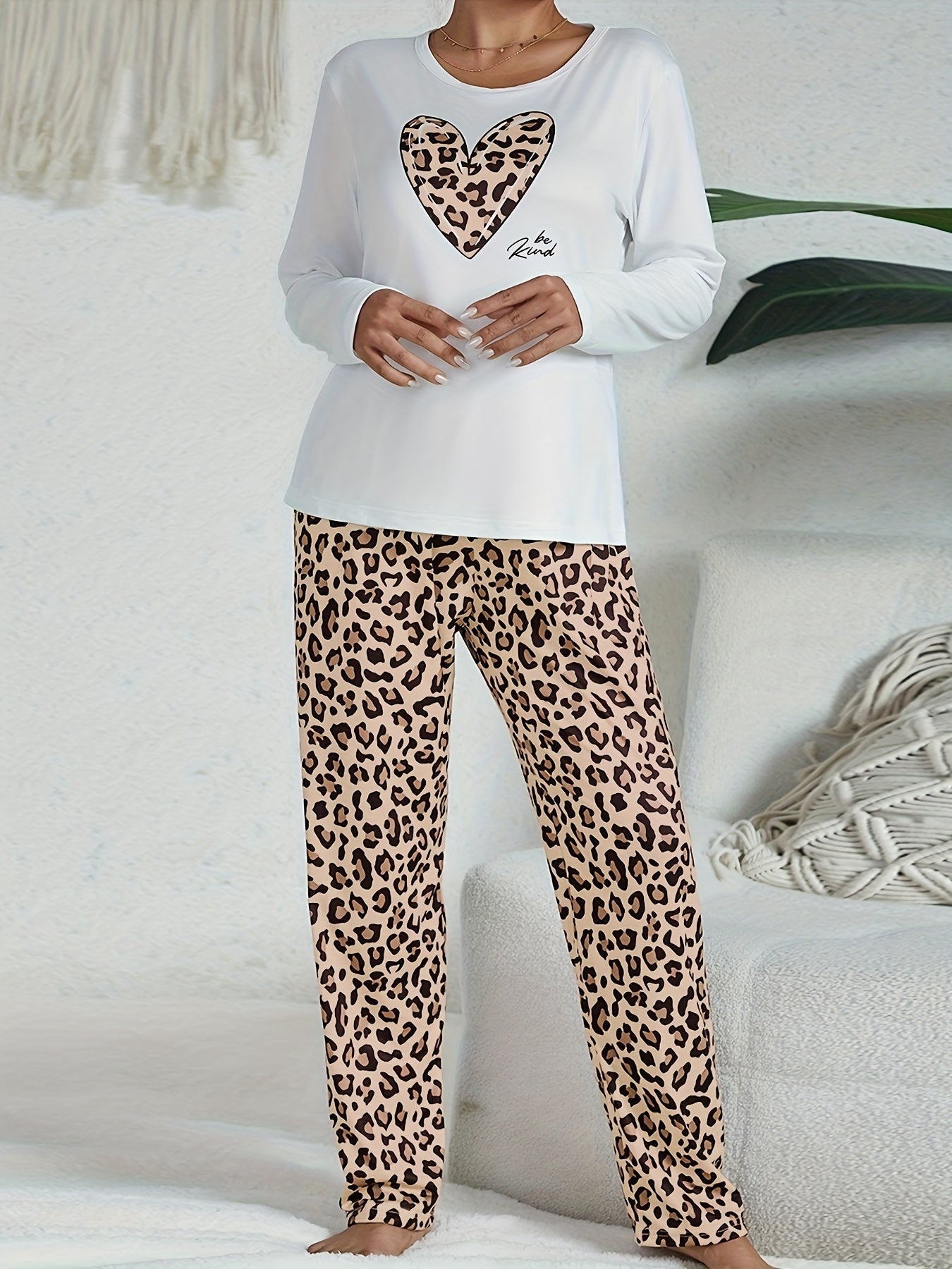 Leopard Pajama Set Long Sleeve Heart Print Top & Pants