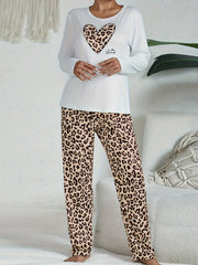 Leopard Pajama Set Long Sleeve Heart Print Top & Pants