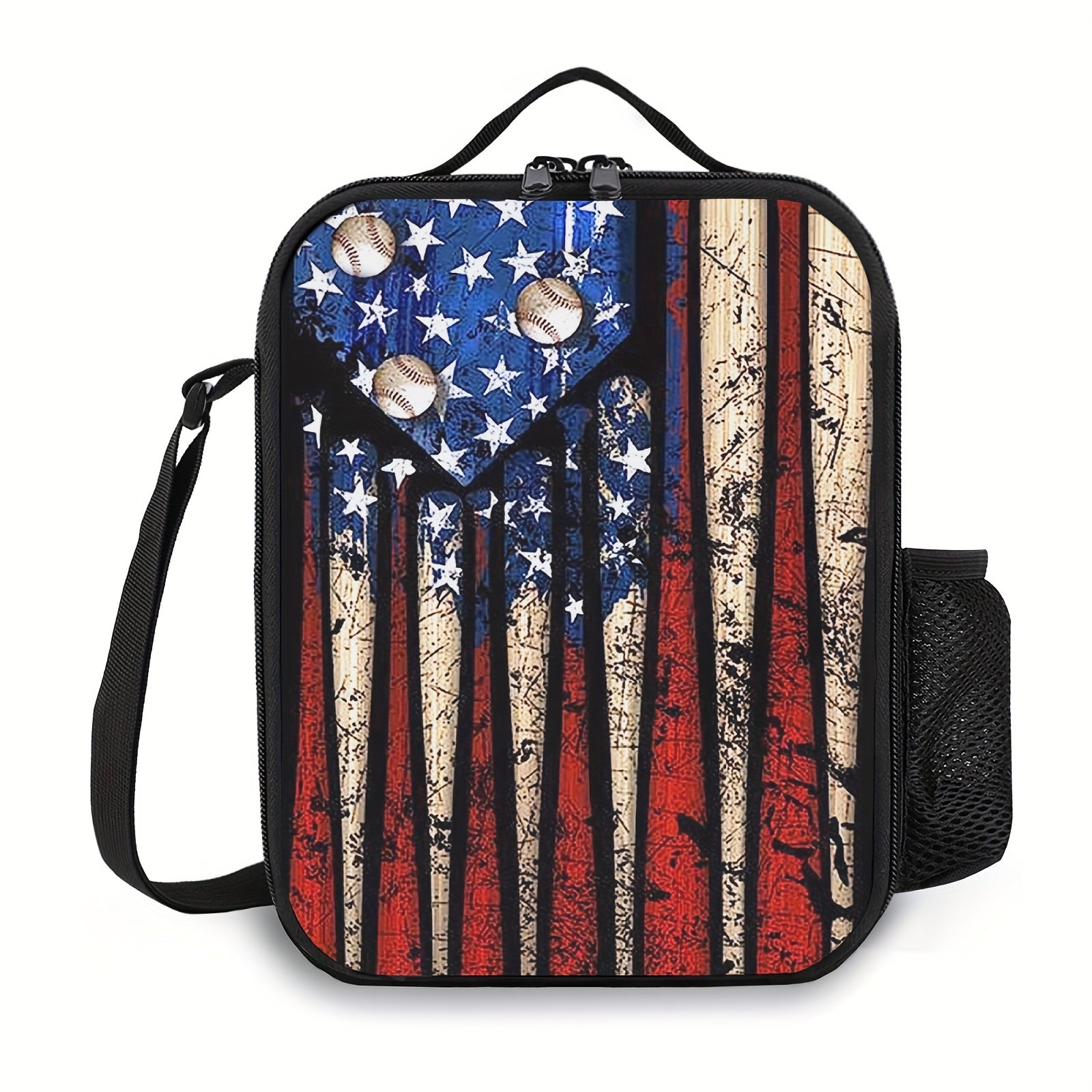 Baseball American Flag Lunch Box Bag Insulated Thermal Cooler Ice Pack Camping